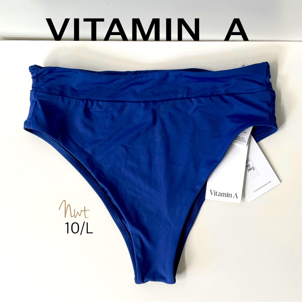NWT Vitamin A blue high waisted EMMI swim bikini bottom size 10/ L limited ed.